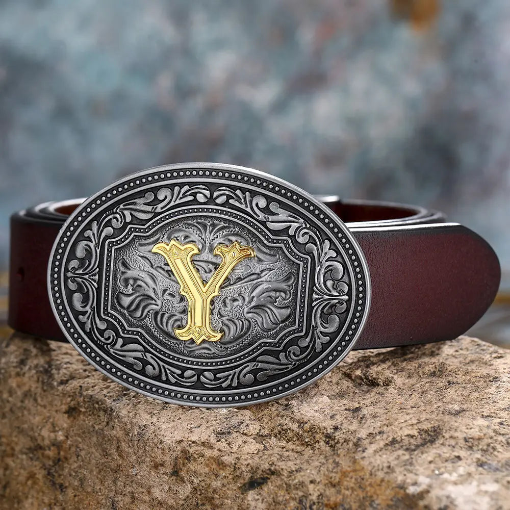 Brown leather belt featuring an elegant silver and gold Y buckle for floral letter designs.
