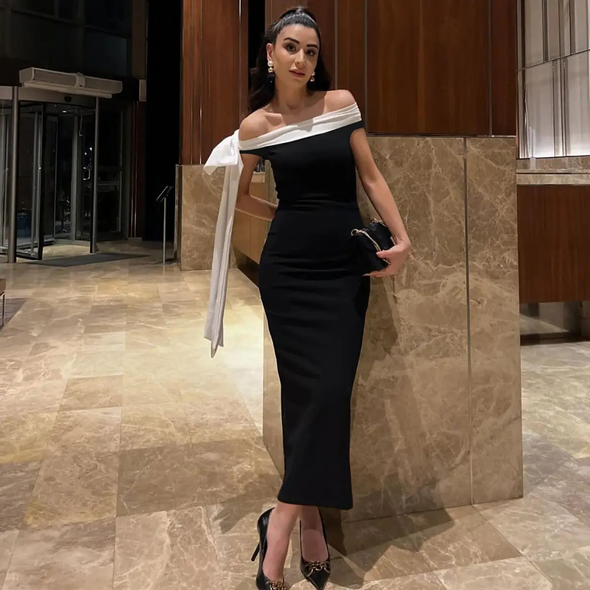 Women’s Fashion Off-shoulder Ribbon Slim Fit Dress