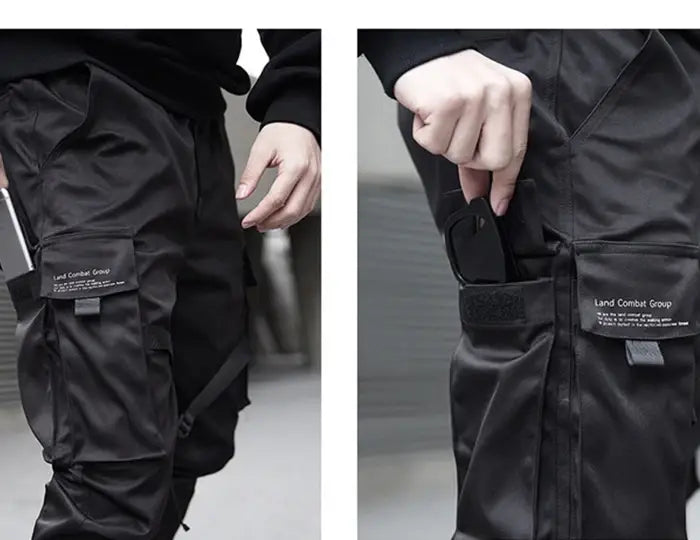 Ribbons Harem Joggers Men Cargo Pants Streetwear Hip Hop Casual Pockets Cotton Track Pants