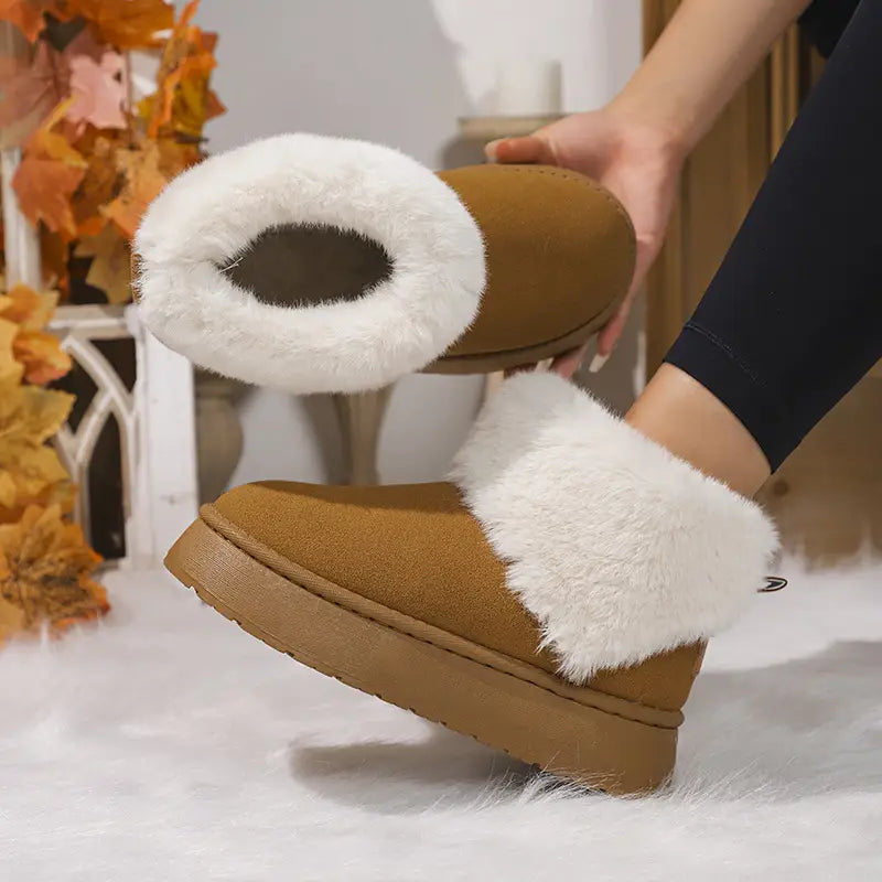 Winter Plush Snow Boots Fashion Round Toe Flat Thickened Suede Cotton Shoes For Women Casual Warm Short Boot