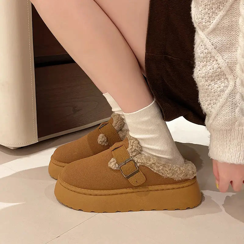 New Luxury Winter Women’s Shoes Plush Fashion Retro Bean Shoes Cotton Women’s Flat Sole Slippers Platform Women Boots