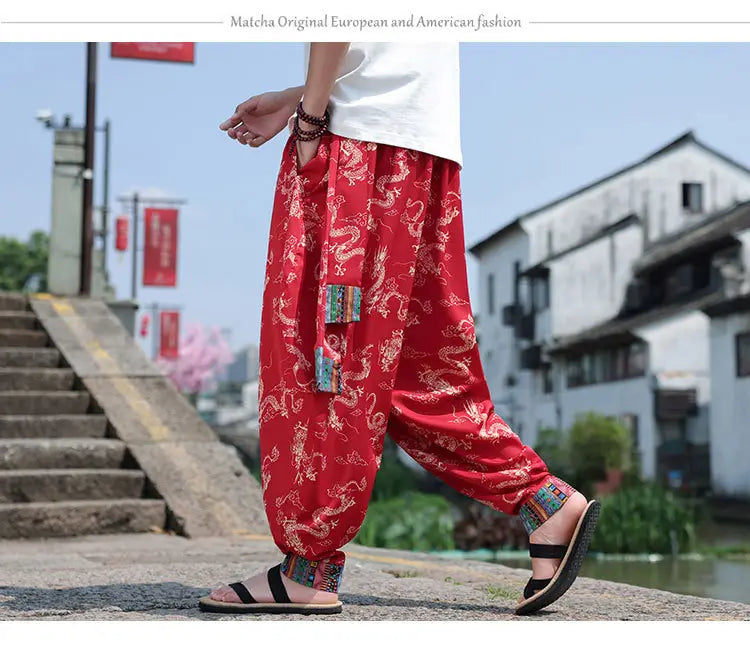 Men’s Plus Size Dragon Pattern Thin Chinese Trousers