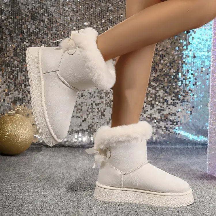 Winter Snow Boots With Bowknot Fashion Round Toe Flat Thickened Suede Cotton Shoes For Women Casual Warm Plush Short