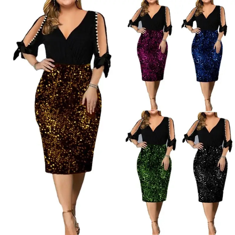 V-neck Personality Sequins Plus Size Women’s Dress