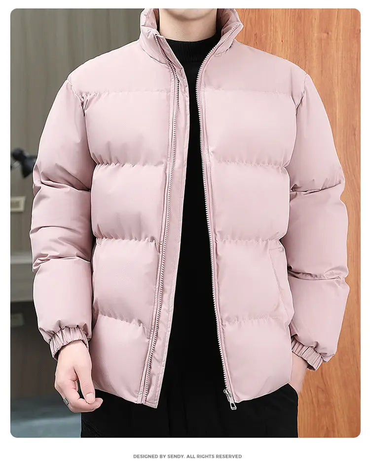 Winter Stand-collar Cotton Coat Couple Casual Warm Plus Velvet Thicken Solid Color Jacket For Men’s Clothing
