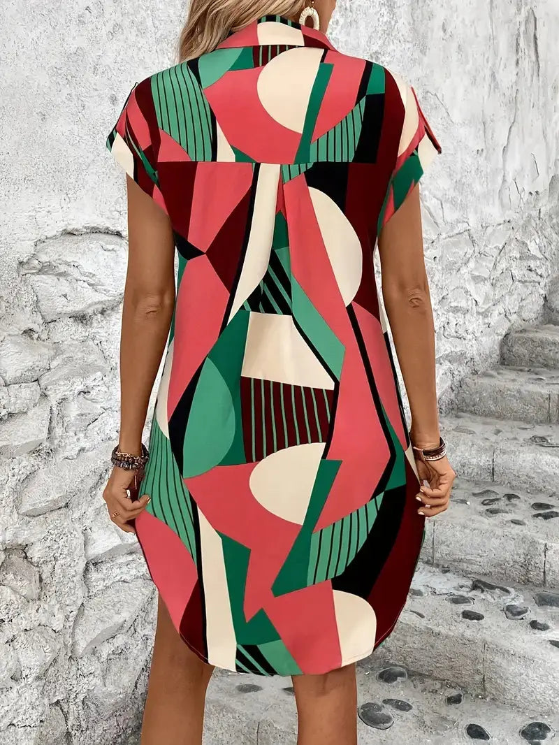 Geometric Printed Shirt Short Dress Women