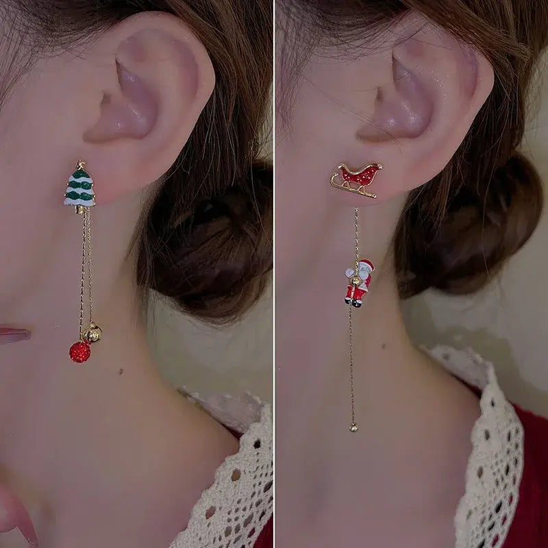 Ins Fashion Xmas Earrings Moving Santa Claus Long Tassel Earrings For Women Christmas Tree Snowflake Asymmetric Drop