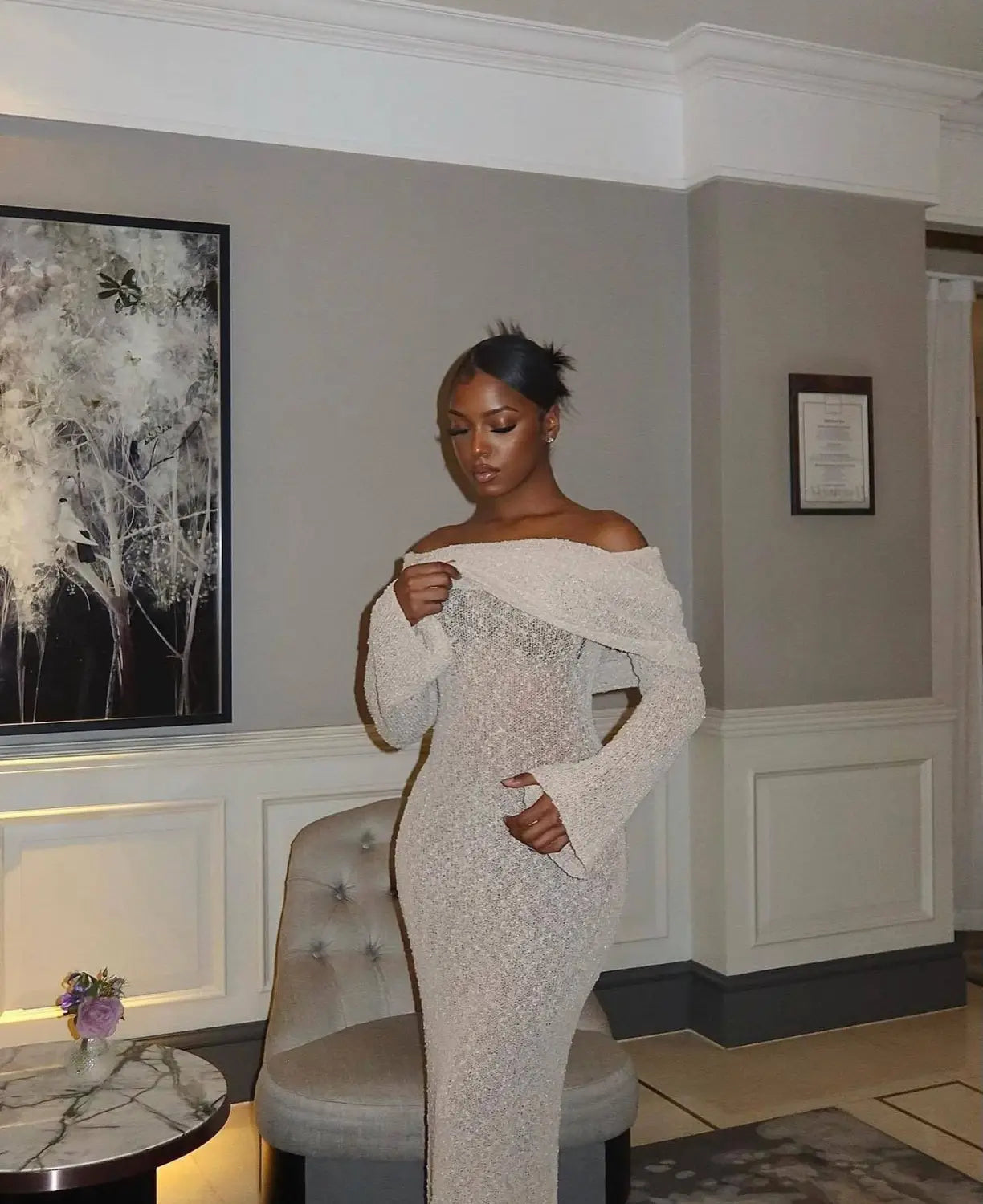 New One-shoulder Knitted Long-sleeved Dress Sexy Beach Holiday Long Dresses Womens Clothing