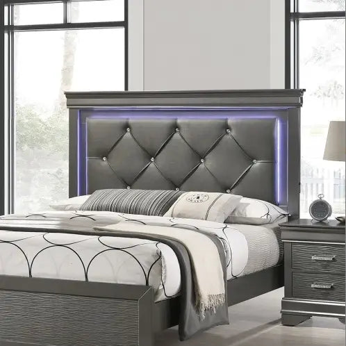 Dark Gray Faux Leather Tufted Headboard 1pc Queen Size Bed