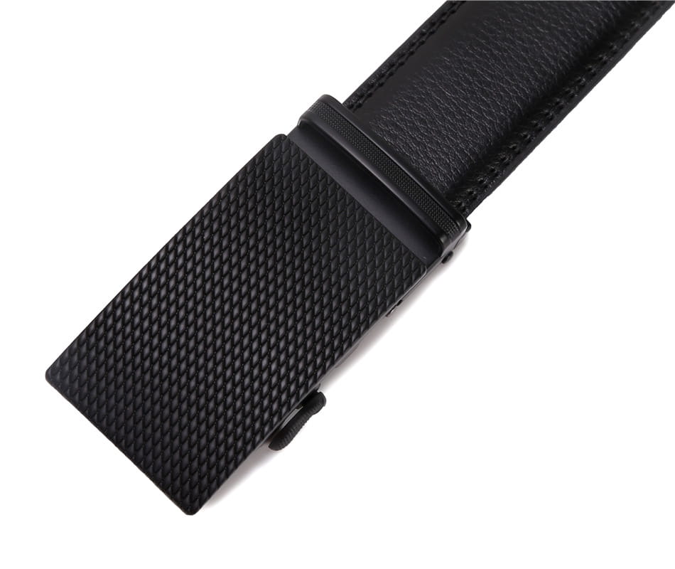 Black leather belt with textured buckle for men, featuring an automatic high-end design.
