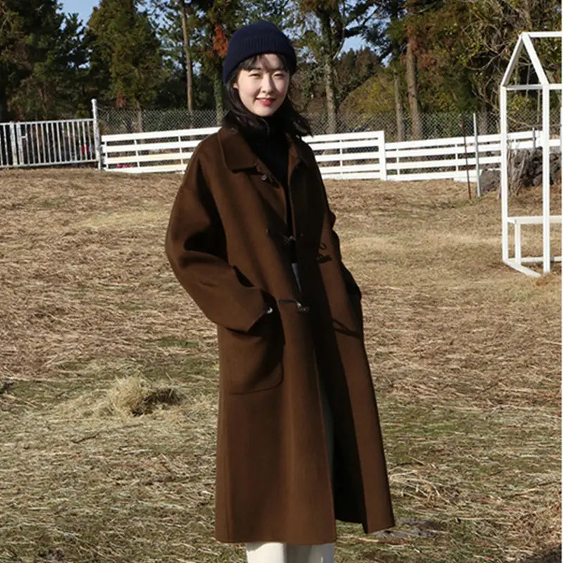 Women’s Horn Buckle Mid-length College Wind Woolen Coat