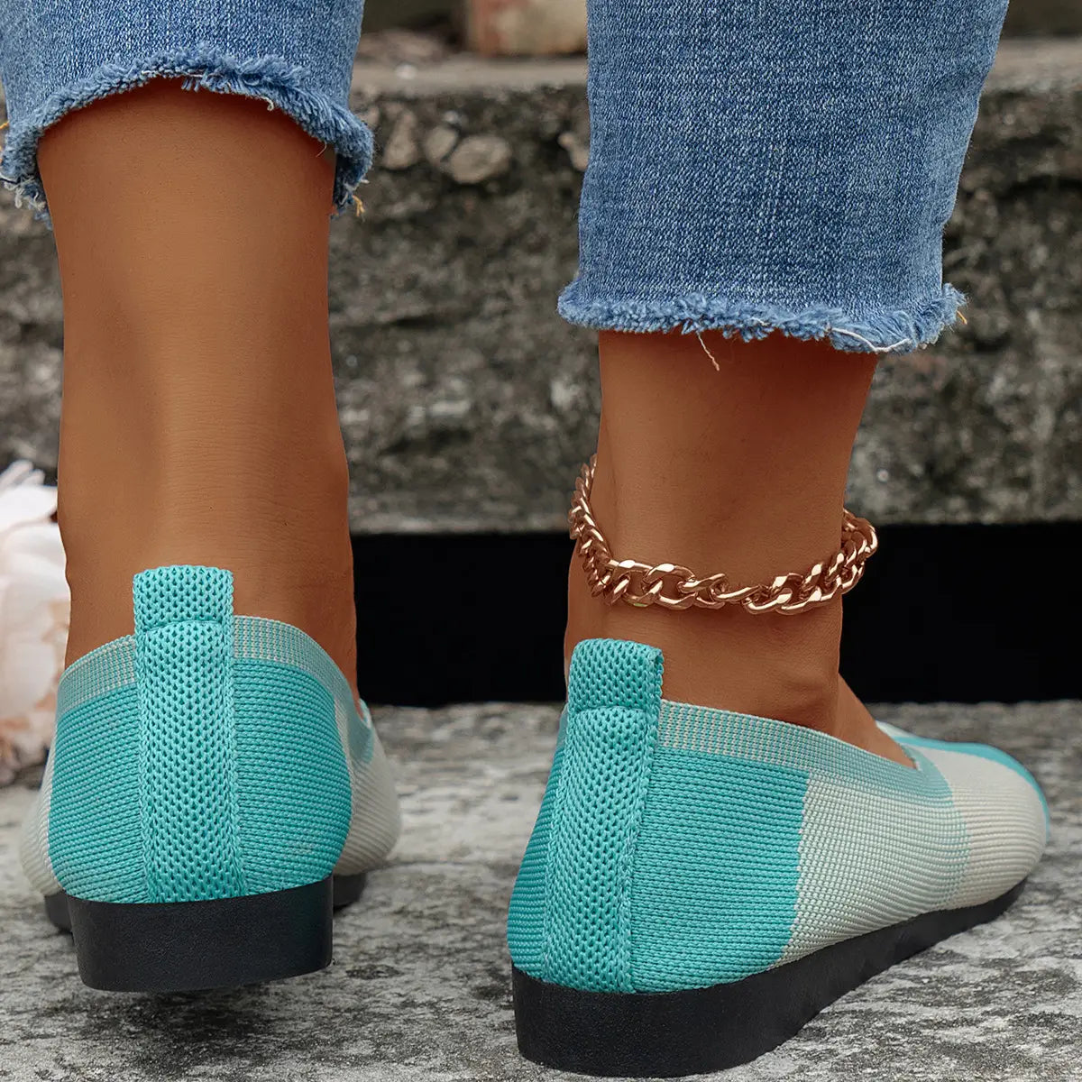 Fashion Colorblock Flats Shoes Flying Woven Breathable Cozy Loafers For Women