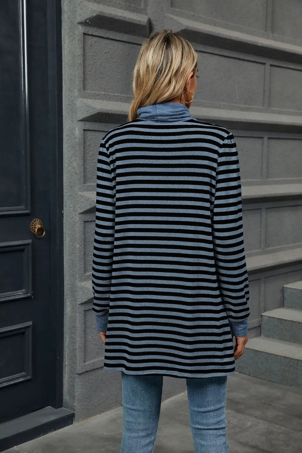 Fashion Striped Print Long Sweatshirt With Pocket Loose Long Sleeve Pullover T-shirt Top For Womens Clothing