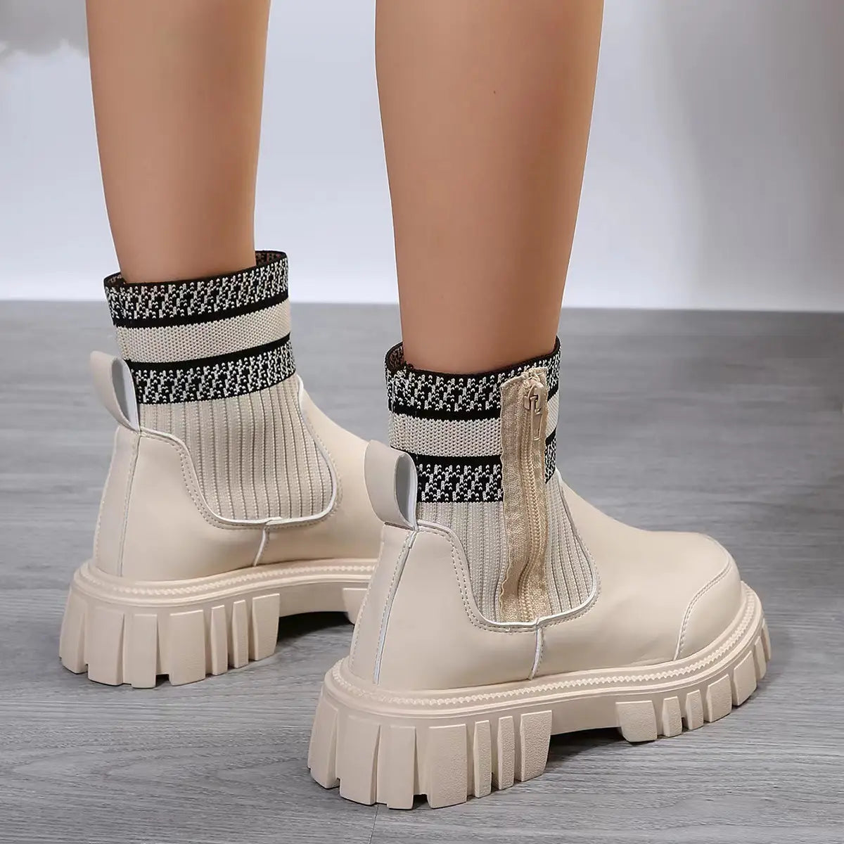 Fashion Mid-tube Boots With Zipper Design Non-slip Thick Sole Elastic Knitted Patchwork Boots For Women Round Toe Shoes