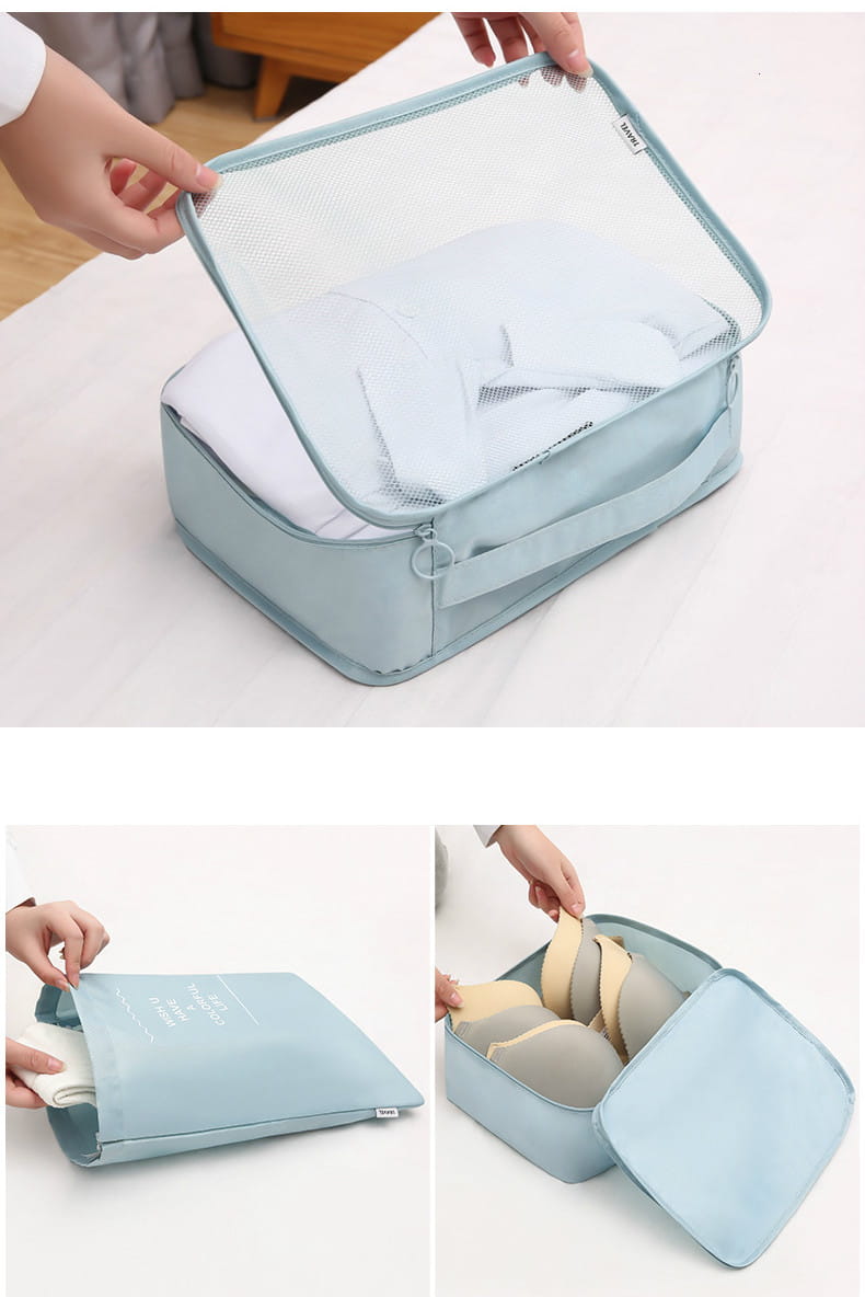 Light blue packing cubes from the 8-piece Set Luggage Divider Bag Travel Storage.