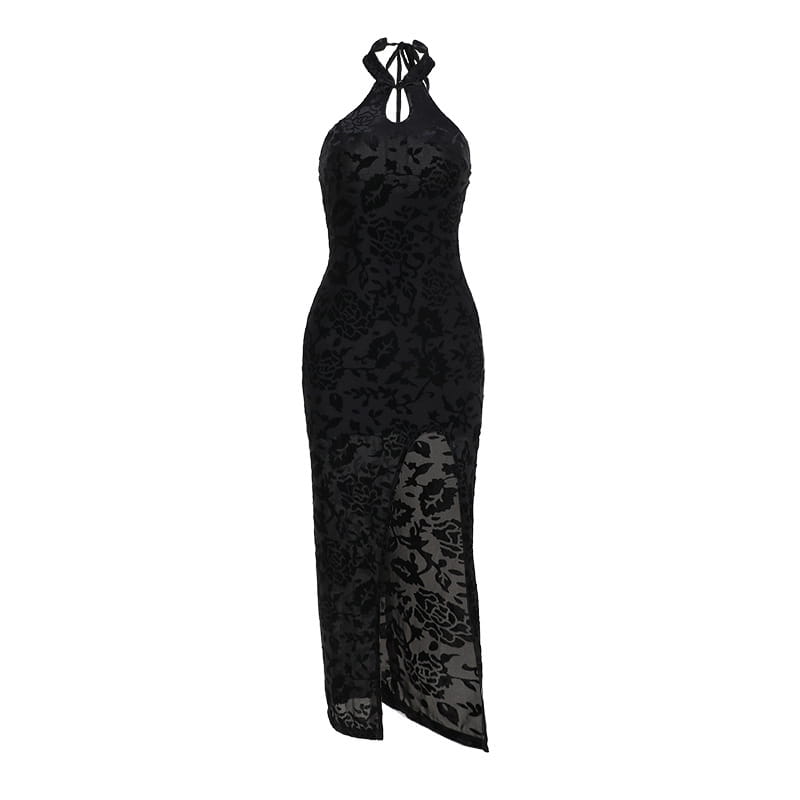 Flock Printing Slit Cheongsam Dress Women