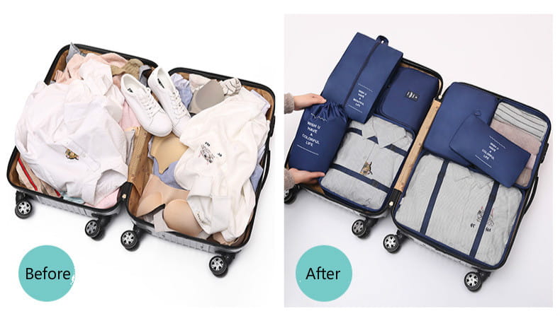 Suitcase packing comparison featuring 8-piece Set Luggage Divider Bag Travel Storage Organizer.