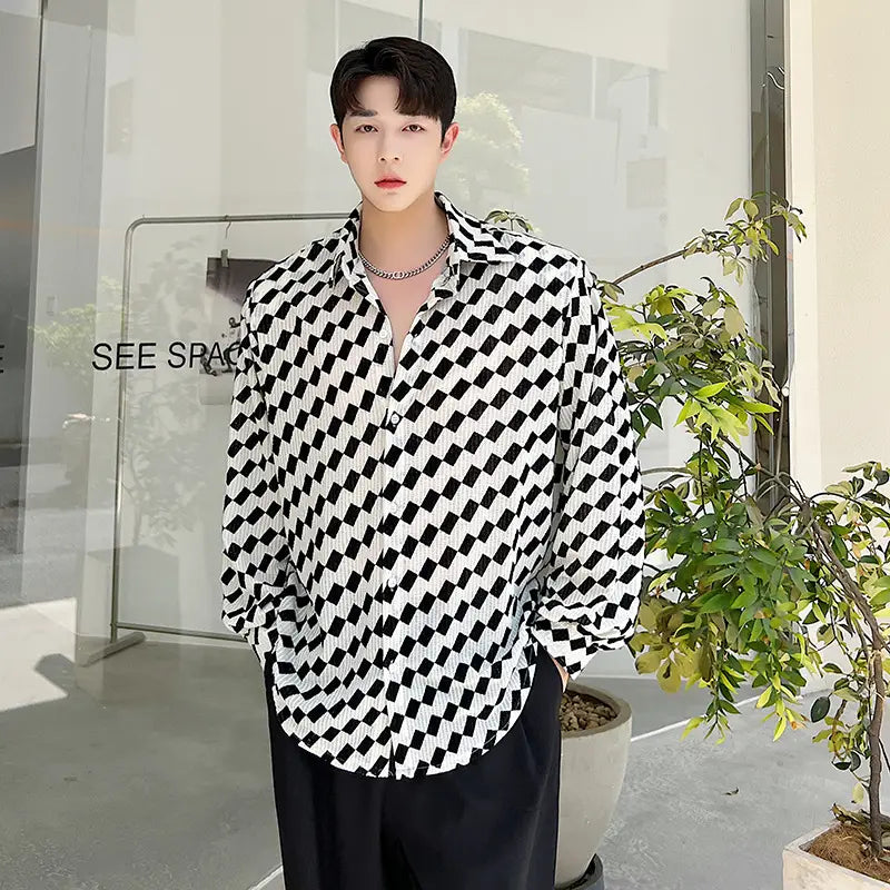 Black And White Collision Checkerboard Long-sleeved Shirt Men