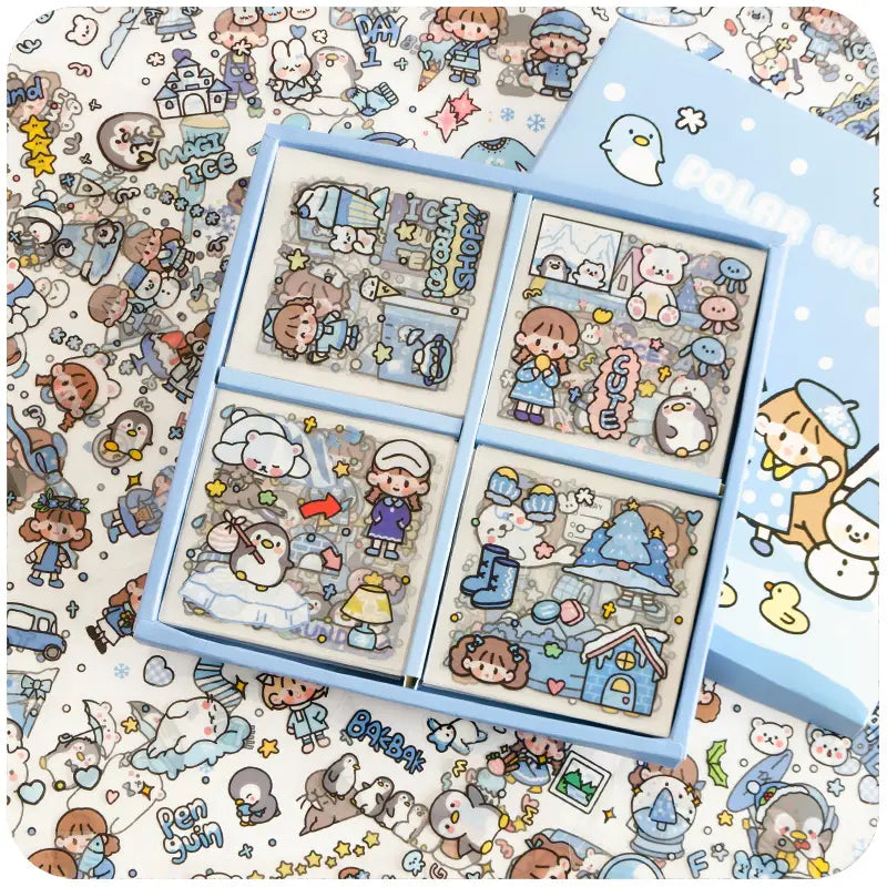 Winter-themed sticker set displayed in a light blue box for Waterproof Transparent stickers.