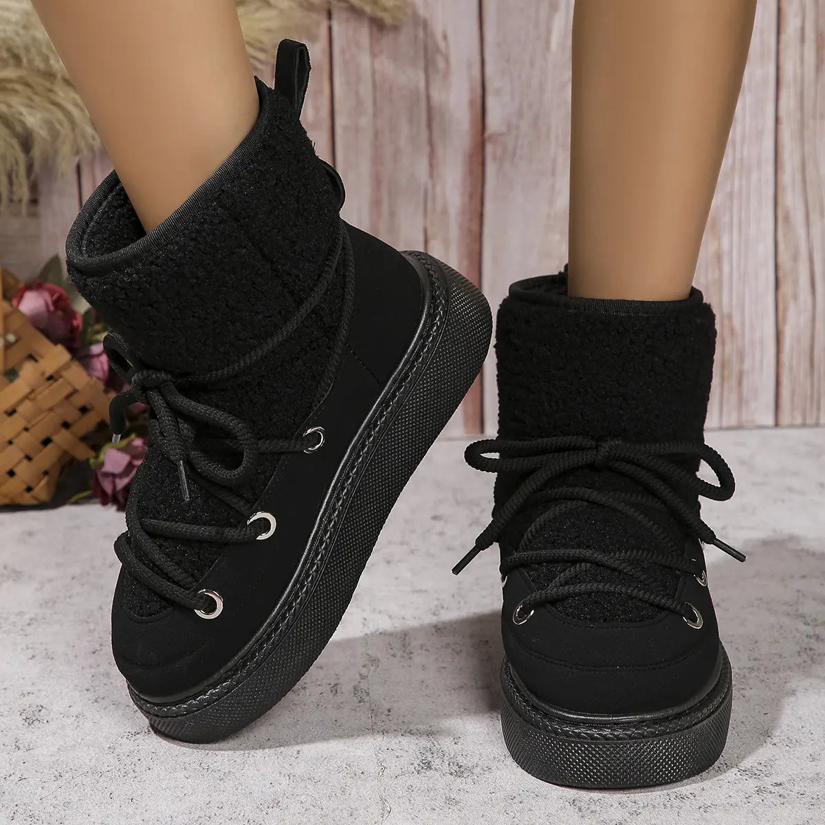 Fashion Lace-up Snow Boots Winter Flat Thick-soled Height-enhancing Cotton Shoes For Women Casual Warm Short Boot