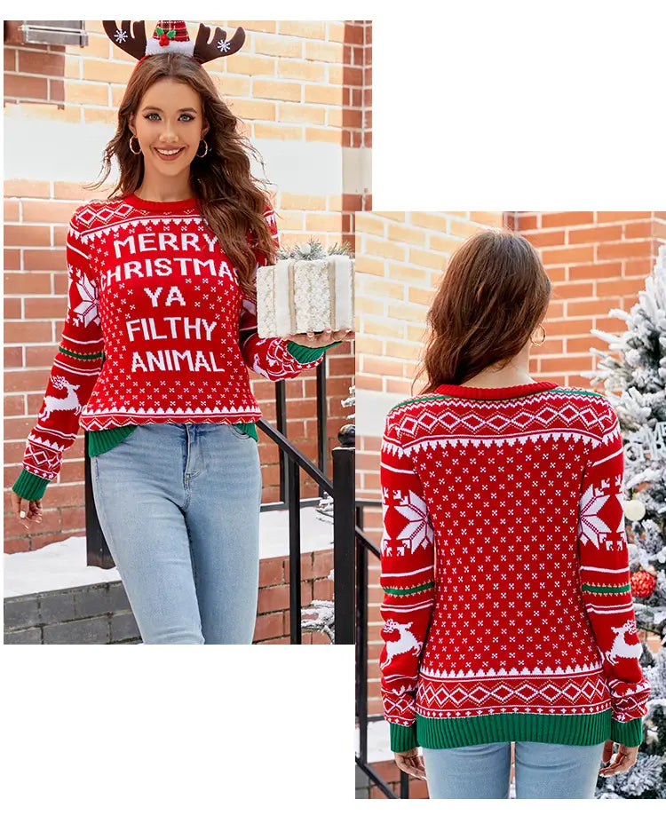 Women’s Christmas Sweater Reindeer Xmas Snowflake Christmas Tree Patterns Knitted Sweater Long Sleeve Elk Letter