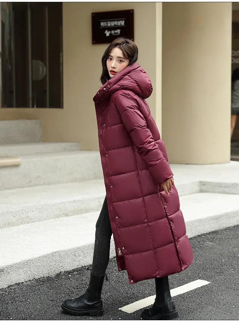 Women’s Super Long Down Jacket Winter Puffer Thick Coat Black Red Hooded Zipper Keep Warm Fall Winter Casual Clothes