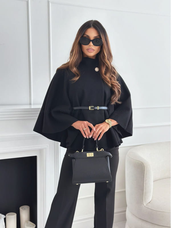 New Stand Collar Batwing Sleeves Cloak Top With Belt Ins Fashion Temperament Jacket Woolen Sweater Outwear For Women
