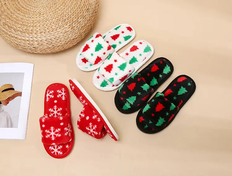 Christmas Tree Home Slippers Fashion Floor Bedroom Open-toe Plush Slippers For Women Fuzzy House Shoes
