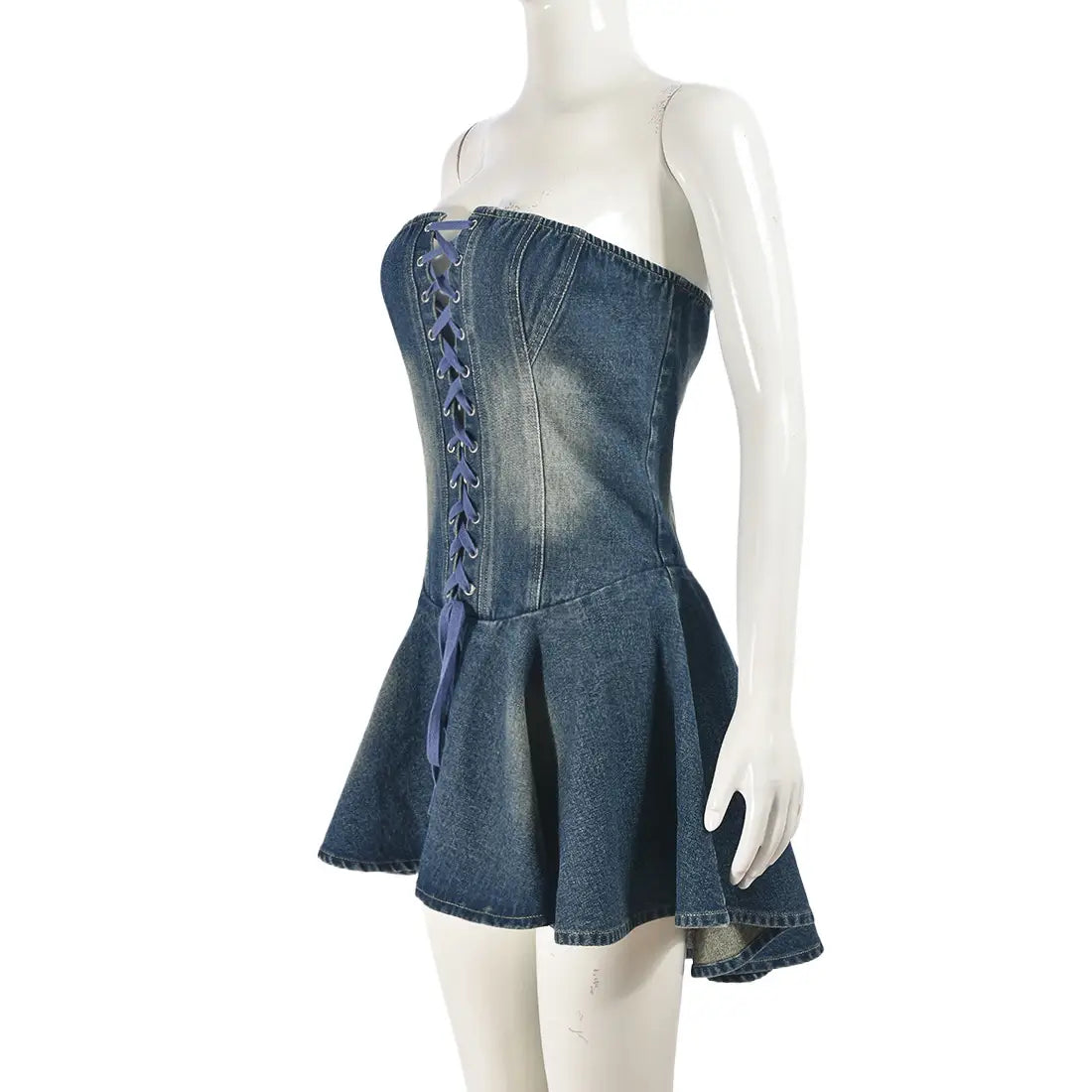 Women’s Zipper Lace-up Chest Wrap Short Denim Dress