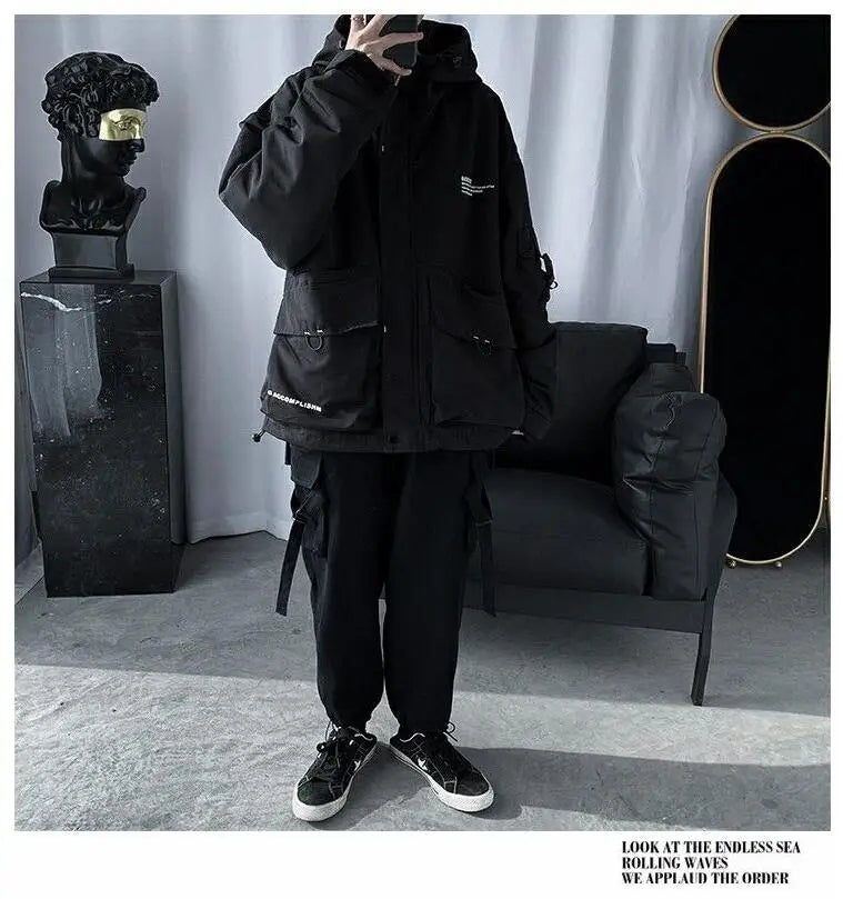 Techwear Jackets Coats Streetwear Cardigan Casual Bomber Outerwear Hooded Letter Multi-pocket For Men