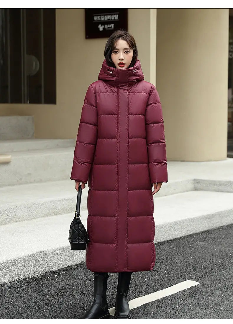Women’s Super Long Down Jacket Winter Puffer Thick Coat Black Red Hooded Zipper Keep Warm Fall Winter Casual Clothes