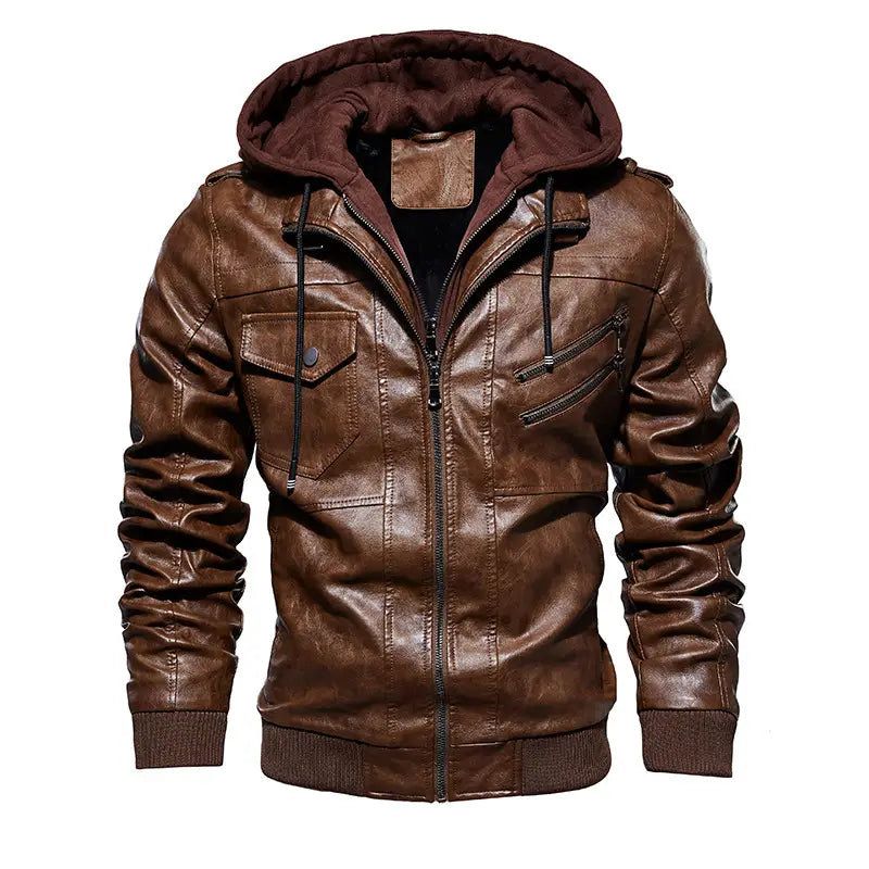 Men’s Leather Jacket Men’s PU Leather Hooded Leather Jacket