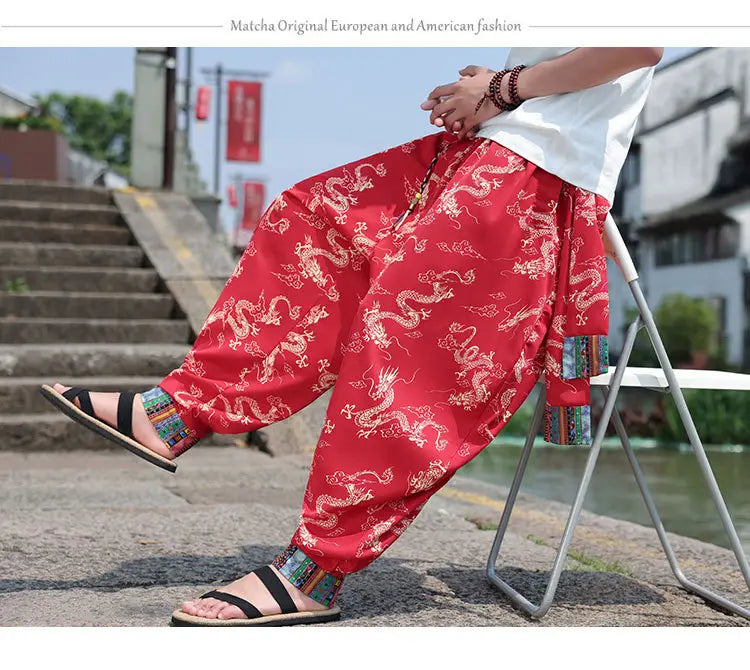 Men’s Plus Size Dragon Pattern Thin Chinese Trousers