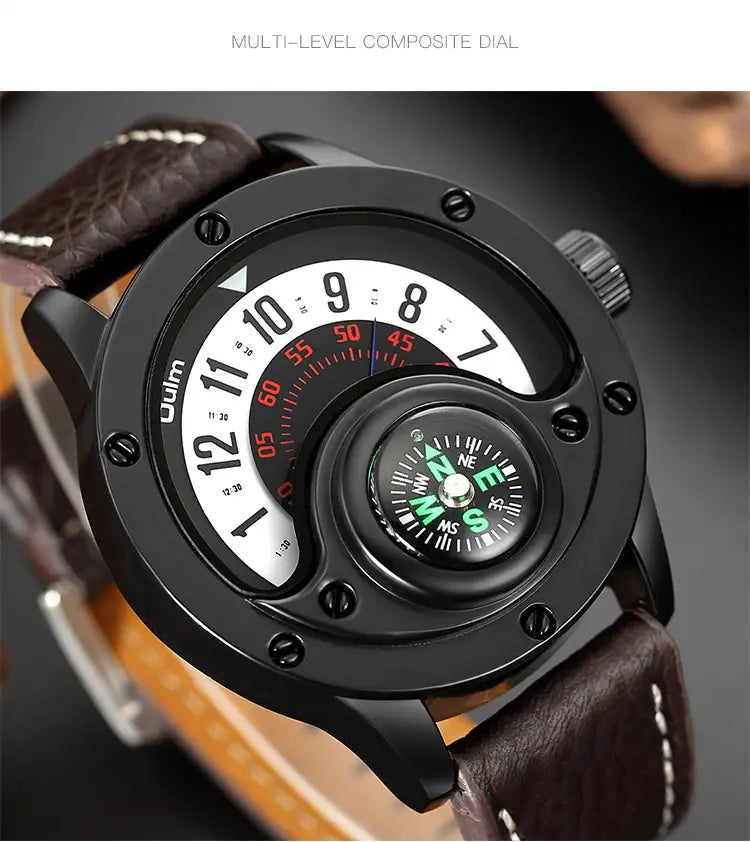New Sport Watches Men Decorative Compass Unique Design Male Quartz Clock Men’s Leather Strap Casual Wrist Watch