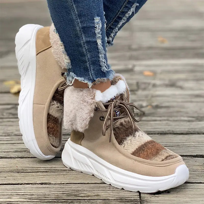 Lace-up Snow Boots Women’s Fuzzy Mied-color Soft Sole Platform Thermal Lined Shoes Winter Non-slip Plush Boots