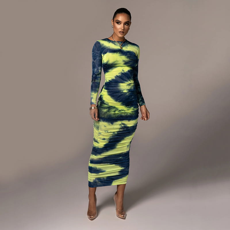 Printed Round Neck Dress Slim Slimming Hip Skirt Women