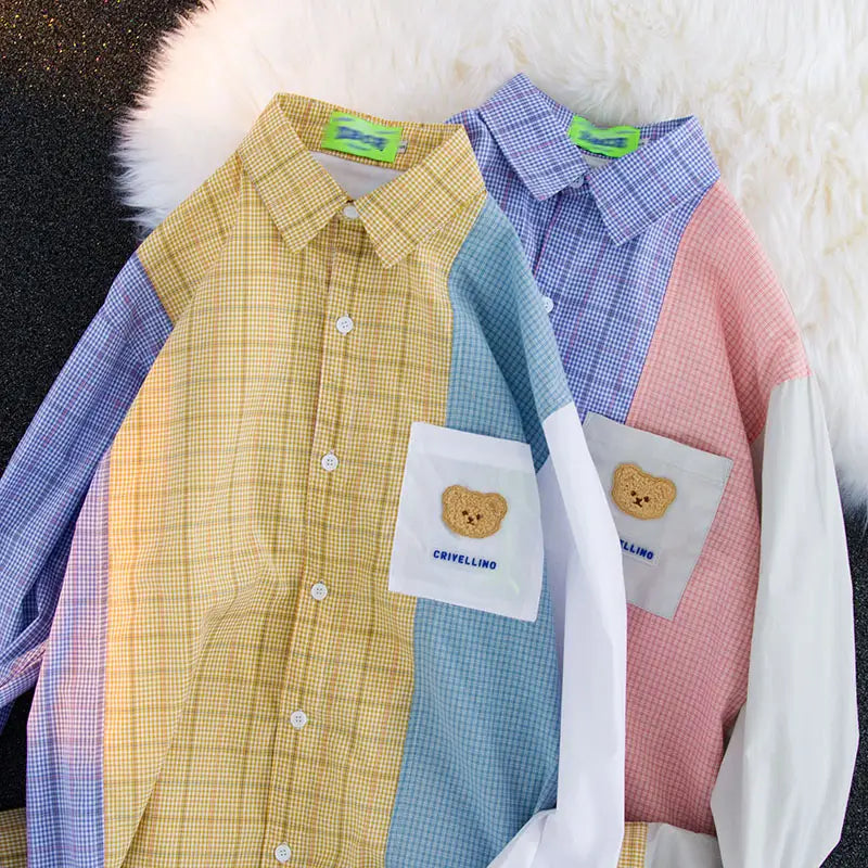 Design Sense Niche Contrast Color Stitching Plaid Shirt For Men And Women
