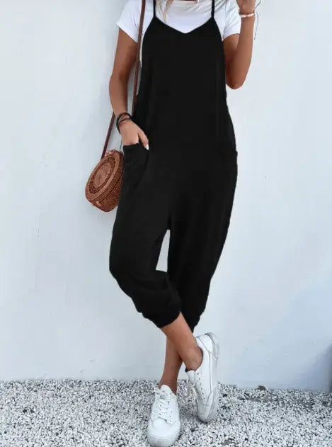 Women’s Solid Color Zipper Patch Pocket Sling Jumpsuit For Women