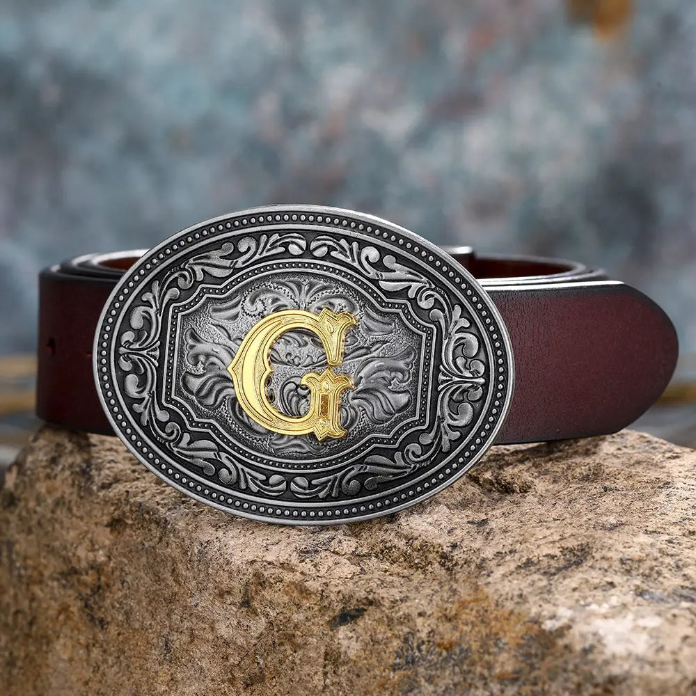 Brown leather belt with ornate G buckle from Men’s and Women’s Floral Letter Buckle Belts.