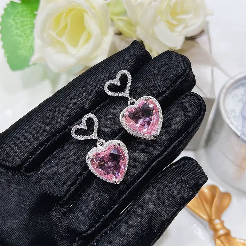 Light Luxury Premium Feeling Pink Crystal Heart Earrings For Women Girls Niche Design Earrings Birthday Jewellery Gift