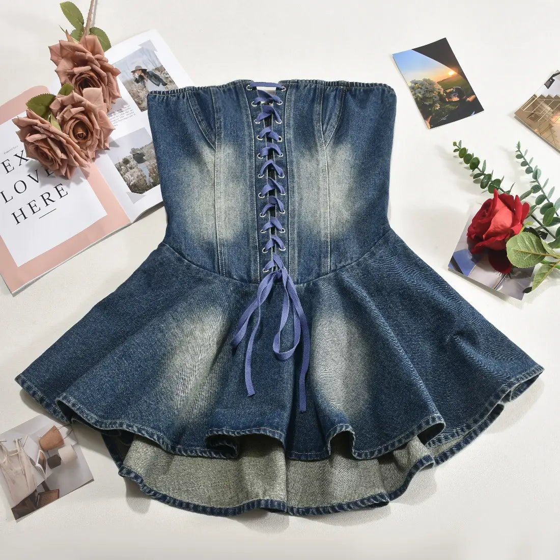 Women’s Zipper Lace-up Chest Wrap Short Denim Dress