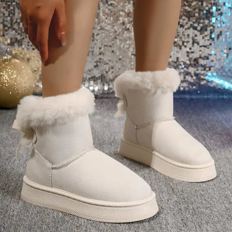 Winter Snow Boots With Bowknot Fashion Round Toe Flat Thickened Suede Cotton Shoes For Women Casual Warm Plush Short