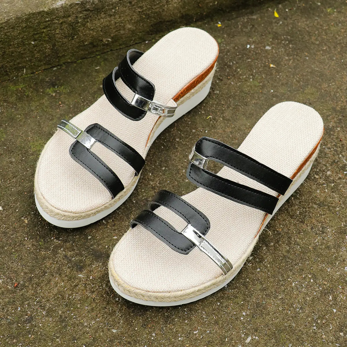 Colorblock-strap Wedges Sandals Summer Fashion Hemp Heel Slides Slippers Outdoor Thick Bottom Fish Mouth Shoes For Women