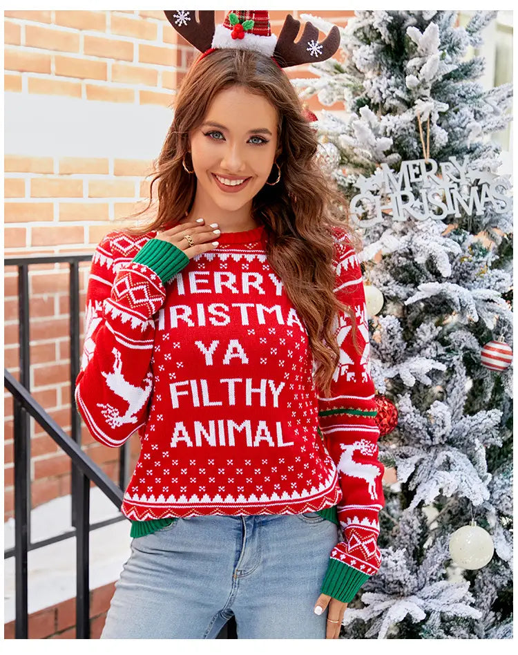 Women’s Christmas Sweater Reindeer Xmas Snowflake Christmas Tree Patterns Knitted Sweater Long Sleeve Elk Letter