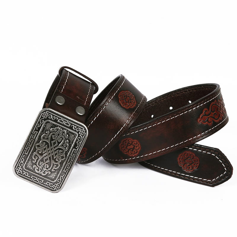 Embossed brown leather belt featuring an ornate silver buckle in Auspicious Pattern design.