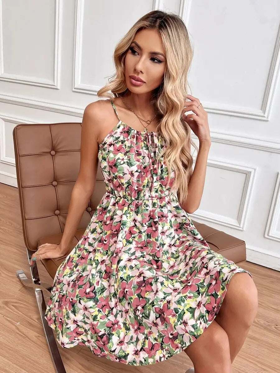 .Floral Print Suspender Dress