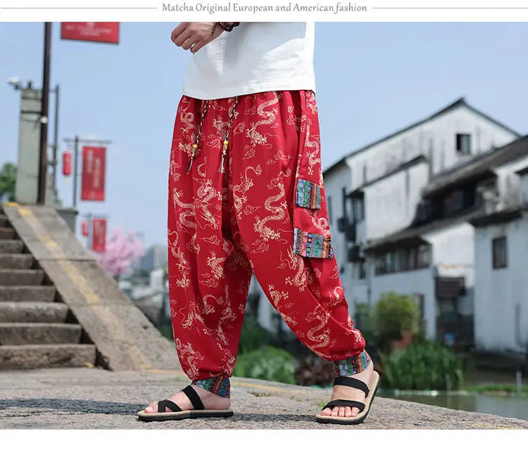 Men’s Plus Size Dragon Pattern Thin Chinese Trousers