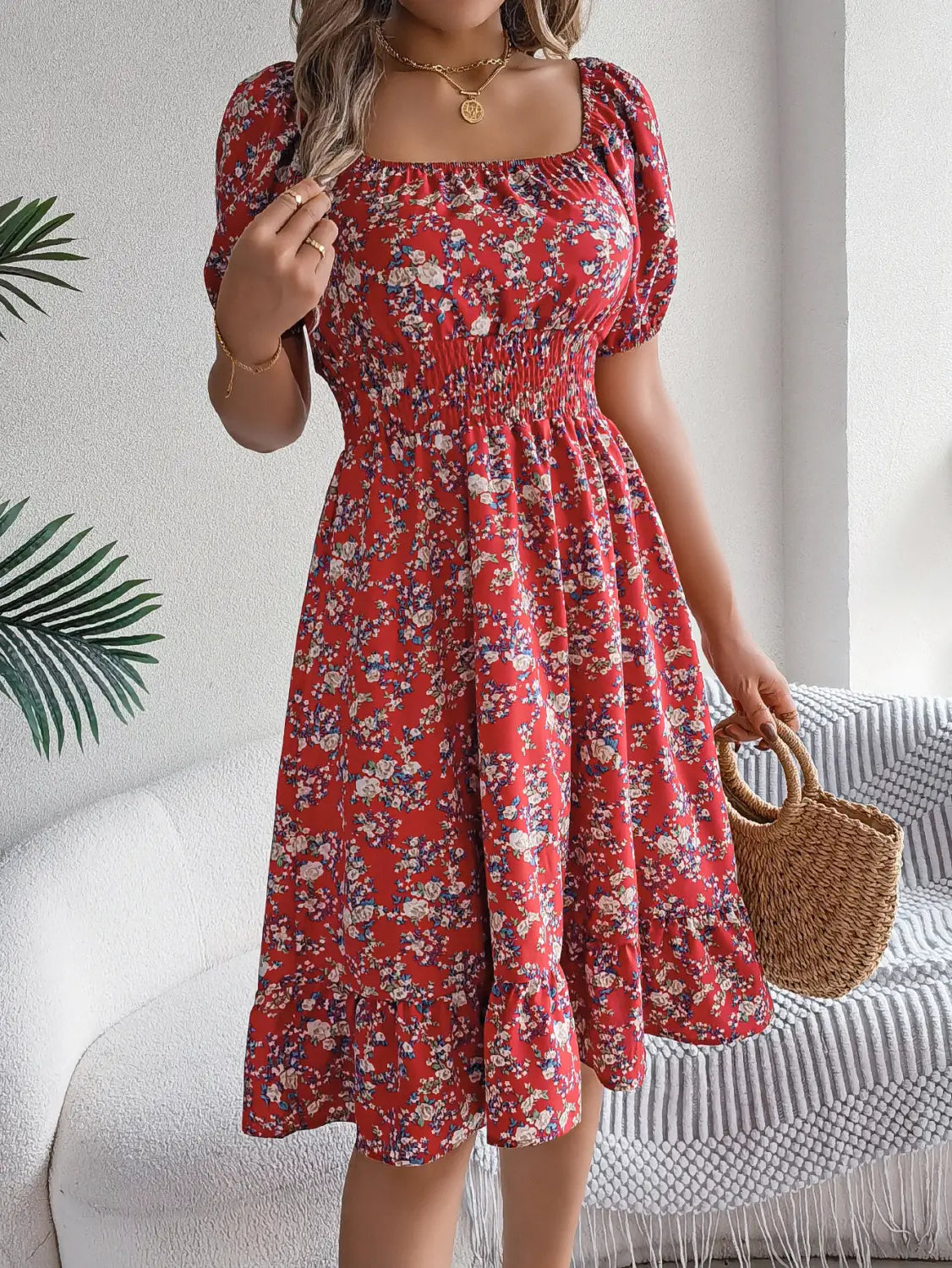 Floral Print Square Collar Dress Summer Fashion Ruffles Dresses Women’s Clothing
