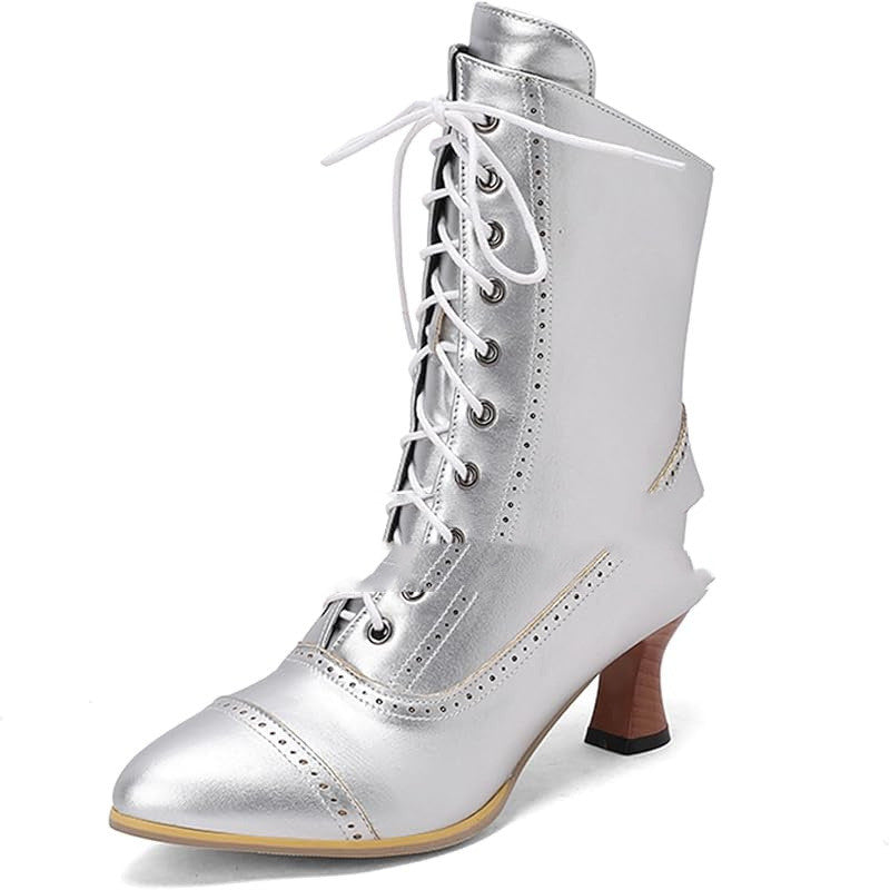 Womens Vintage Granny Renaissance-style Ankle Boots Low-heeled Lace-up Booties With Zippers