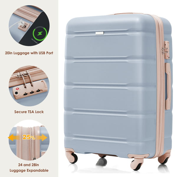 Luggage 4-piece Set 20 Inches With USB Port Expandable ABS Durable Suitcase With Travel Bag Cup Holder ABS Hard Shell
